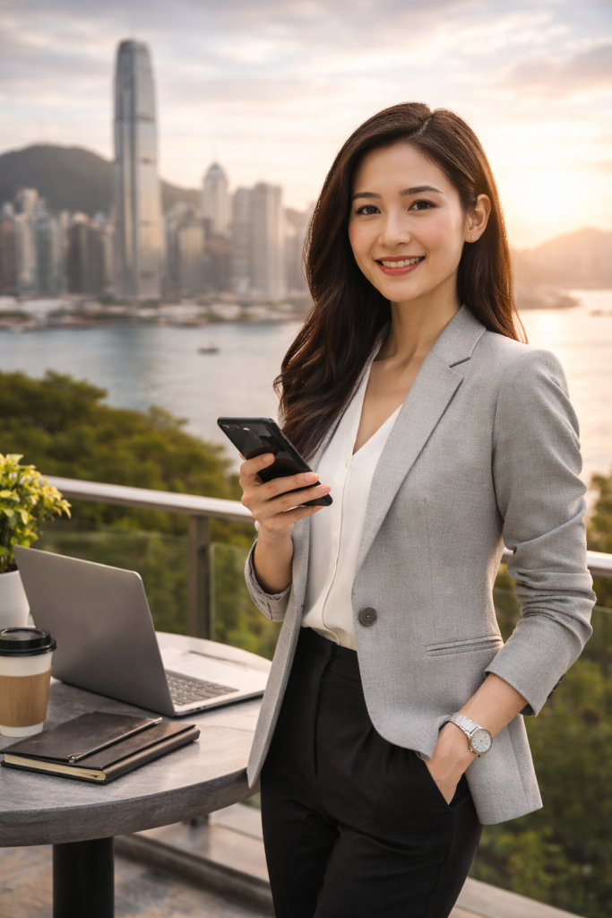 Businesswoman on terrace with skyline view-ai generate