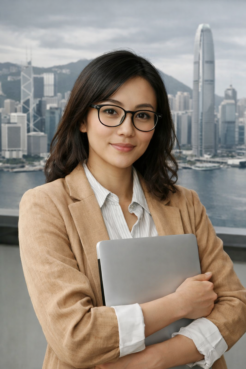 Confident professional with Hong Kong backdrop-ai generate