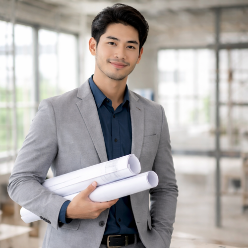 Young architect with blueprints and clipboard-ai generated
