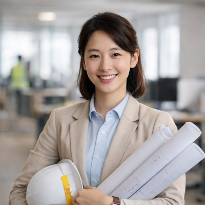 Young woman with blueprints in office-ai generated